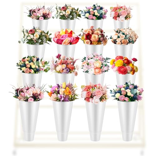 Sunnychicc 16 Pcs Plastic Flower Buckets - 14.5 Inch H, 8.7 Inch W, Wake Up Flower Display, Tall Vase, Indoor/Outdoor, White