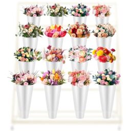 Sunnychicc 16 Pcs Plastic Flower Buckets - 14.5 Inch H, 8.7 Inch W, Wake Up Flower Display, Tall Vase, Indoor/Outdoor, White