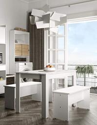 Symbiosis Dining Set with 2, White and White Marble Look with White Benches, 110 x 70 x 73 cm (LxPxA)