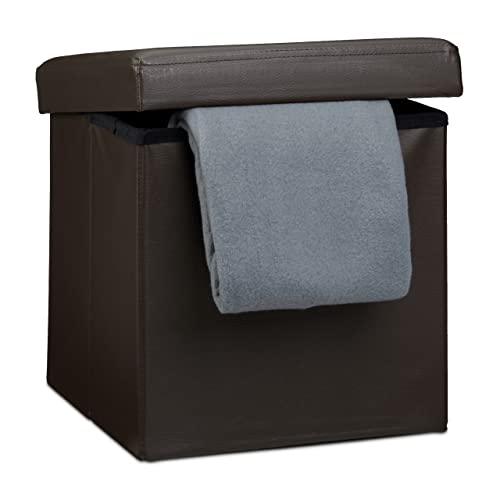 Relaxdays Folding Ottoman Seat 38 x 38 x 38 cm Sturdy Storage Chair and Practical Footstool, Faux Leather Storage Box with Removable Lid, Brown