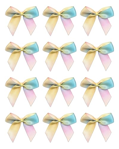 Italian Options Small Satin Ribbon Bows, Self Adhesive Bow Decorations for Crafts, Gift Wrap, Hampers, Hair Bows, Wedding, Floristry, Christmas, Cakes, Crafting, Pastel Rainbow, 12 Pack, 5 cm