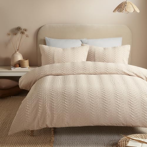 Serene Embossed Curve Duvet Cover Set, 100% Recycled Polyester, Single 140x200cm, Natural, Textured Wave Pattern, Button Closure, Orange