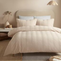 Serene Embossed Curve Duvet Cover Set, 100% Recycled Polyester, Single 140x200cm, Natural, Textured Wave Pattern, Button Closure, Orange