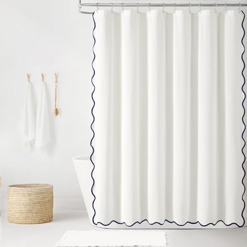 Lush Decor Coastal Chic Scallop Edge Linen Textured Shower Curtain Navy/White Single 72x72 - Elegant Affordable Luxury Chic Charm for Bathroom Decor