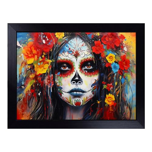 Lap Tray with Bean Bag Cushion, Sugar Skull Action - Handmade in the UK, Raised Wooden Edge, Padded Cushion, Heat-Resistant Wipe-Clean Surface, for Meals, Laptops and Crafts