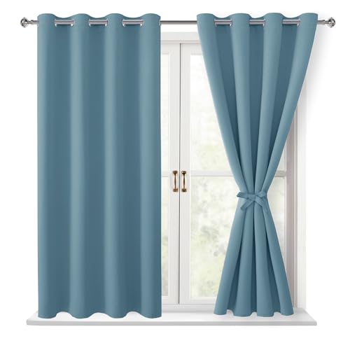 Hiasan Blackout Curtains for Bedroom - Thermal Insulated & Light Blocking Window Curtains for Living Room/Kids Room, 2 Drape Panels Sewn with Tiebacks, Stone Blue, 52 x 45 Inch
