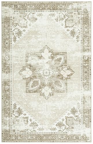 Safavieh Traditional Rug Ideal for High Traffic Areas - Machine Washable and Non Slip - Tucson Collection, Short Pile, in Sage and Ivory, 120 X 180 cm