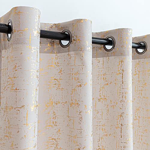 "Taisier Home Gold Foil Print Linen Textured Curtains - Geometric Dots Pattern Design for Nursery, Toy Room - Thermal Insulated Window Treatment, 2 Panels, 45"" L, Beige and Gold"