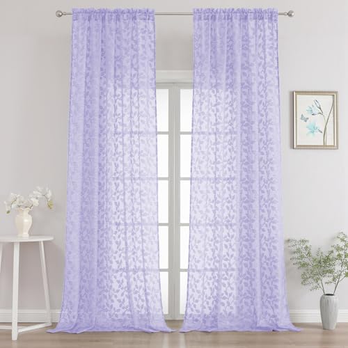 "Chyhomenyc Extra Long Light Purple Sheer Curtains 108 Inch Length 2 Panels Set, Light Filtering Tufted Textured Soft Airy Rod Pocket Leaf Window Treatment Drapes for Living Room, 52"" Wx108 L, 2PCS"