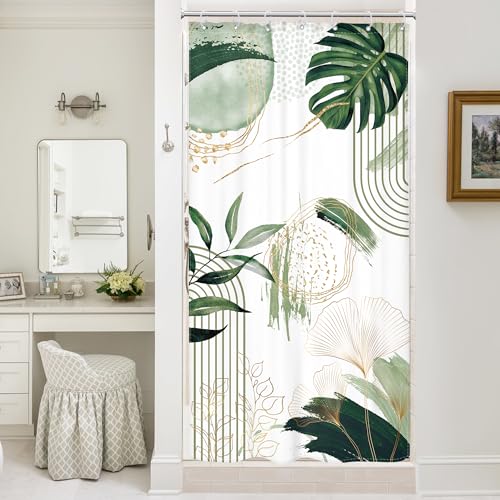 "Mitpok Sage Green Small Stall Boho Mid Centu Bathroom Shower Curtain Set - Leaves look 36""W x 72""L. waterproof HD print, quick-dry fabric and free hooks for easy setup."