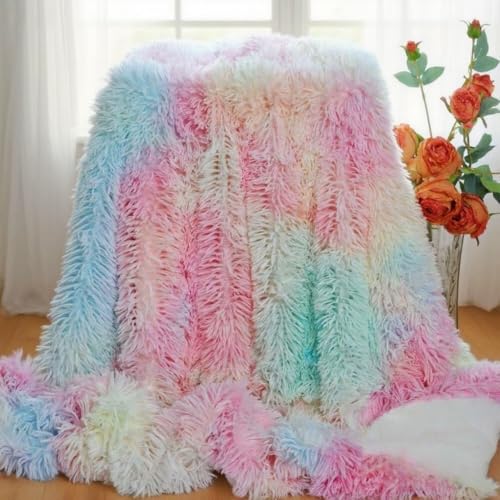 "Myru Plush Super Soft Blanket Colorful Bedding Sofa Cover Furry Fuzzy Fur Warm Throw Cozy Couch Blanket for Winter (51""x63"", Rainbow)"