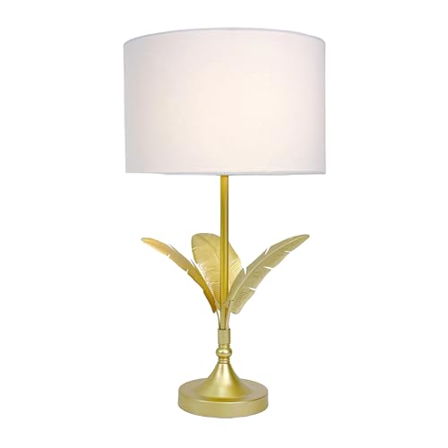 Relaxdays Table Lamp, Palm Leaf Base, Fabric Shade, E14 Base, White/Gold - Living Room, Bedroom