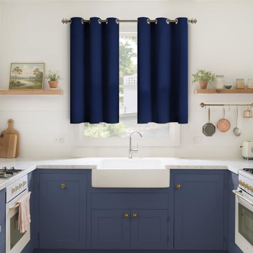 YoungsTex Navy Blue Blackout Curtains for Kirchen Cafe Window 34 x 40 Inch - Thermal Insulated Drapes with Grommet Room Darkening Short Length for Bedroom Bathroom, 2 Panels