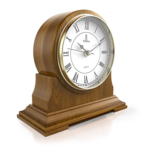 "LHE Best Silent Wooden Mantel Clock, Battery Operated, Wooden Design, for Living Room, Office, Kitchen, Shelf and Home Decor - 9"" x 8.5"""
