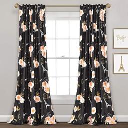 "Lush Decor Black Vintage Paris Rose Butterfly 2-Piece Window Curtain Panel Set, Long Floral Polyester Themed Pattern (84"" x 52"")"