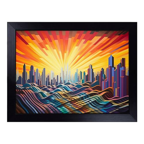 Lap Tray with Bean Bag Cushion, Skyline Op Art - Handmade in the UK, Raised Wooden Edge, Padded Cushion, Heat-Resistant Wipe-Clean Surface, for Meals, Laptops and Crafts