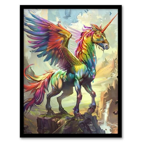 Artery8 Rainbow Warrior Unicorn Fantasy Concept Art Kids Bedroom Nursery Artwork Framed Wall Art Print 18X24 Inch