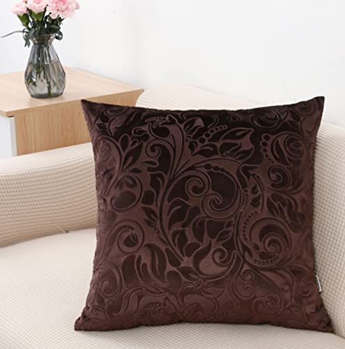 "TangDepot Embossed Velvet Throw Pillow Cover-(14"" x 14"", C26 Dark Brown) - Color-matched invisible zipper. Easy Clean. Swap covers refresh without new pillows. for sofa, bed, office, indoor/outdoor."