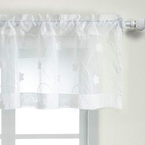 VOGOL White Sheer Valance Curtains, Elegant Flower Embroidered Lightweight Window Valance for Office, Small Rod Pocket Breathable Voile Curtain Panels for Kitchen Bathroom, 60Wx18L, 1 Piece