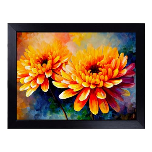 Lap Tray with Bean Bag Cushion, Chrysanthemum Flowers - Handmade in the UK, Raised Wooden Edge, Padded Cushion, Heat-Resistant Wipe-Clean Surface, for Meals, Laptops and Crafts