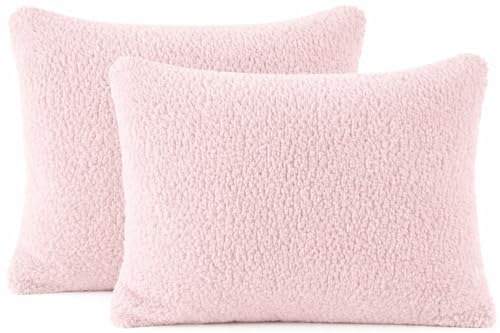 Reafort - Sherpa Pillow Cases Plush Fleece Zipper Closure Fluffy Ultra Soft Comfortable Pillow Cases Standard Pillow Cases 20x26 Inches,Pink Set of 2