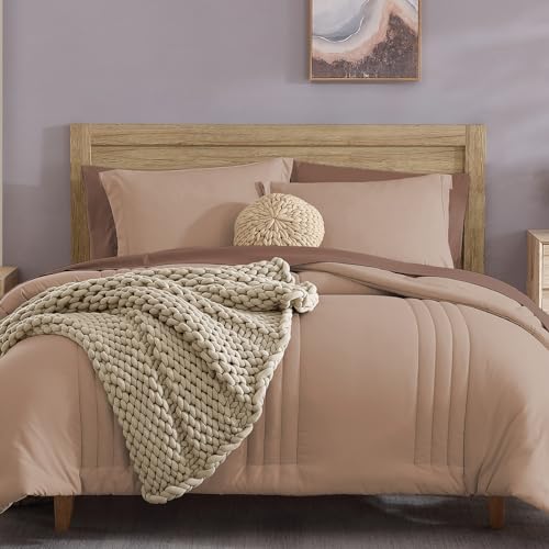 Monbix Pink Comforter Set Queen 7 Pieces, Striped Quilting Design, All Seasons Bedding Sets for Queen Bed, Plain Queen Bed Set for Women, Men, Girls, Boys (Rust Pink, Queen, 90''x90'')