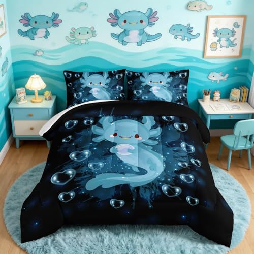 HOSIMA Axolotl Comforter Set Blue Axolotl Pattern Kawaii Bed Set for Kids Bedroom Decor,Twin Bed Set for Girls with 2 Pillowcases.
