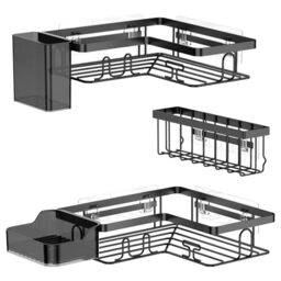 YEAUPE PRO Shower Shelf No Drilling Corner - 5-Piece Bathroom Shelf Set with 2 Corner Shelves, Soap Dish, Toothbrush Holder & Basket, Self-Adhesive Wall Shelf, Black