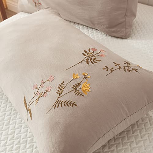 Taupe Pillowcases, Embroidery Flower Pillow Cases Set of 2, 100% Soft Washed Microfiber, Pink and Yellow Floral Pattern Country Style Pillow Cover, 2 Pack (King,Taupe Flower)
