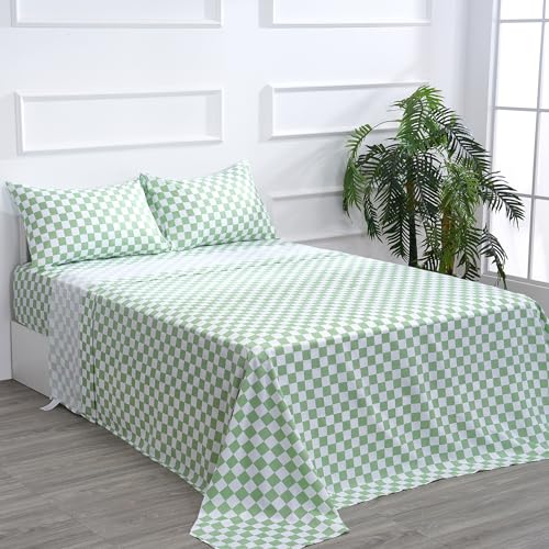 Queen Size Sheet Set 4 Piece -Microfiber Soft Durable Bedding Sheet Set,Deep Pocket,Stain,Fade & Wrinkle Resistant (Plaid Green&White)