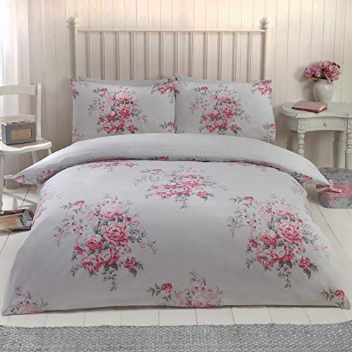 Floral Brushed Cotton Double Quilt Duvet Cover and 2 Pillowcase Bedding Bed Set Flannelette Grey Polka Dot