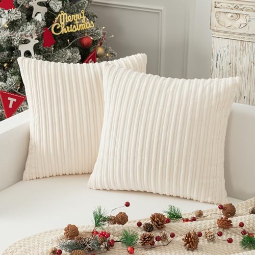 Kevin Textile Christmas Striped Corduroy Plush Texture Velvet Euro Throw Pillow Sham Cushion Cover for Chair, 20 x 20 inch (50cm), Set of 2, Creamy White
