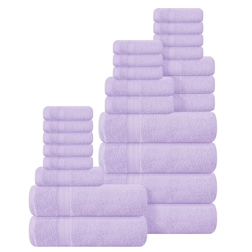 BOUTIQUO 24 Pack Cotton Towel Set, Contains 6 Bath Towels 27x54 inch, 6 Hand Towels 16x24 inch & 12 Wash Coths 12x12 inch, Ideal Everyday use, Ultra Soft Compact & Lightweight - Purple