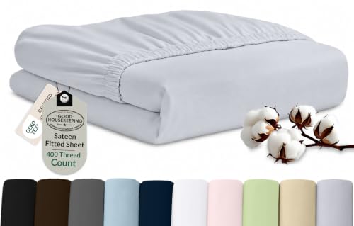 "Royale Linens 400 Thread Count 100% American Grown Cotton Fitted Sheet King Size - All Around Elastic Fitted Sheet - Luxury Sateen Weave - Snug Fit Bottom Sheet Fit Up to 16"" (King, Spanish Silver)"