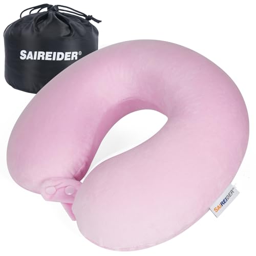 SAIREIDER Travel Neck Pillow 100% Pure Memory Foam Airplane Pillow for Head Support,Soft Adjustable Pillow for Plane, Car & Home Recliner with Storage Bag (Pink)