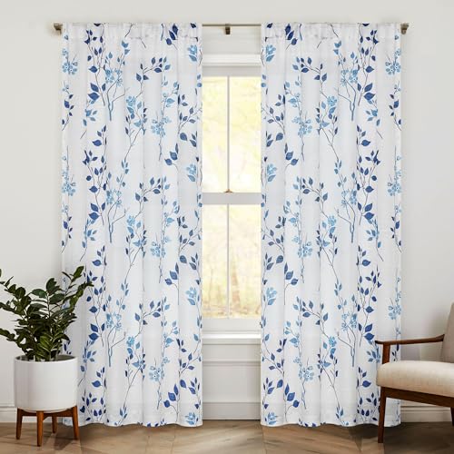 Beauoop Floral Linen Semi Sheer Curtains Living Room Blue Navy 50x96 2 Set - Farmhouse Flower Patterned Navy White Light Filtering Drapes for Bedroom 96 Inch Long Textured Window Treatment Rod Pocket