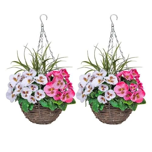 2 x Hanging Baskets with Pink and White Flowers and Decorative Grasses (Set of 2)