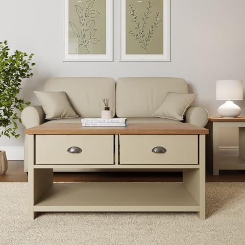 GFW Lancaster Coffee Table with 2 Drawers & Undershelf Storage, Wooden Living Room Table with Display Shelf, Home Furniture Centre Table, Cream, W99 x H50 x D55 cm