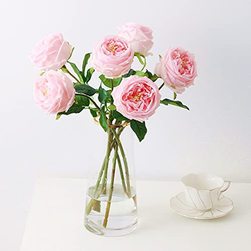 Ukeler Pink Austin Roses Wedding Bouquet 4 Pcs Real Touch Latex Artificial Flowers for Home Decor Flower Arrangement Wedding Centerpieces Valentine's Day Gift