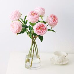 Ukeler Pink Austin Roses Wedding Bouquet 4 Pcs Real Touch Latex Artificial Flowers for Home Decor Flower Arrangement Wedding Centerpieces Valentine's Day Gift