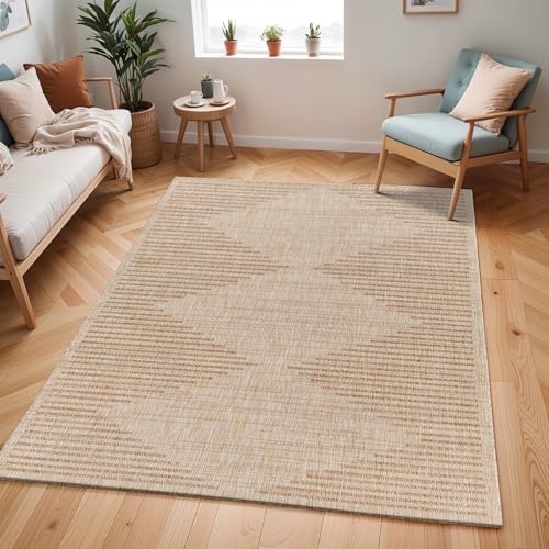 Livabliss Ligaia Kercem Indoor Outdoor Floor Covering 160x213 cm – Boho Pattern for Living Room, Dining & Kitchen, Waterproof & Stain-Resistant, Tan, Cream & Beige