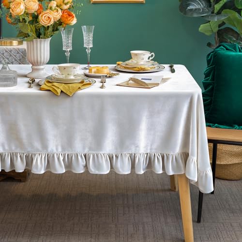 GLORY SEASON Velvet Tablecloth Luxurious Solid Rectangle Table Cloth,Oblong Retro Farmhouse Ruffle Tablecloths Washable Table Cover for Party Wedding Baby Shower Kitchen Dinning Tabletop Decoration