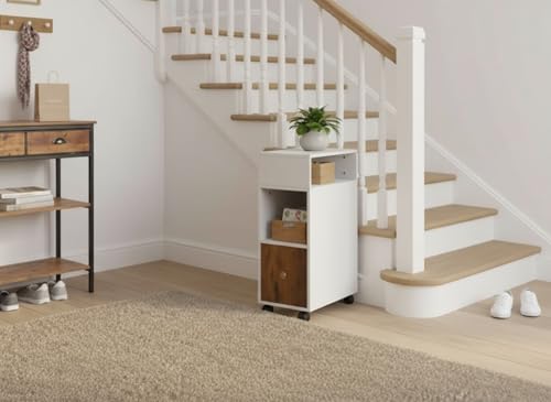FurnitureR Modern Rolling Key Cabinet with Drawer and Open Storage
