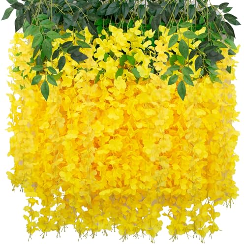 LUZOGA Wisteria Hanging Flowers 12 Pack Wisteria Artificial Flowers Fake Silk Flowers String Vine Ratta Hanging Garland for Home Garden Party Wedding Backdrop Arch Decor (Yellow)
