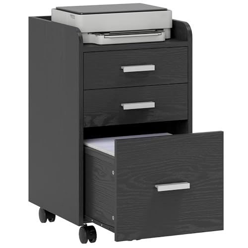 HOMCOM 3 Drawer Filing Cabinet, Rolling Under Desk Drawers with Edged Top for Letter, A4 Size, Hanging File Folders for Home Office, Black