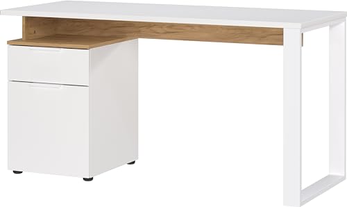 Germania Desk 5999-633 GW-HASSELT, in White/Oak, Mirrored mountable, FSC-certified, 140 x 74 x 61 cm (W x H x D)