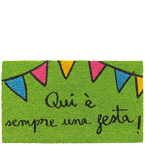 Laroom Doormat Qui è Sempre Un Festa, Jute & Non-Slip Base, Green, 40 x 70 x 1.8 cm