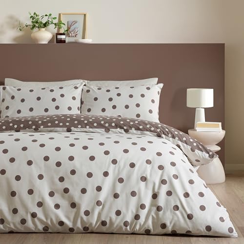 Catherine Lansfield Polka Dot Reversible King Duvet Cover Set with Pillowcases Chocolate