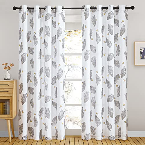 "KGORGE Floral Sheer Curtains - Linen Textured, Leaves Print Embroidery Boho Curtains Grommet Top Durable View Through for Teens Bedroom, Kitchen, Living Room, W 50"" x L 84"", 2 Panels, White"