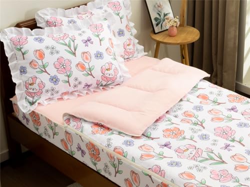 NTBED Flower Printed Zipper Bedding Sets Twin for Kids Girls Lightweight Microfiber Rabbit Comforter Set with Fitted Sheet Pillow Covers,Beige
